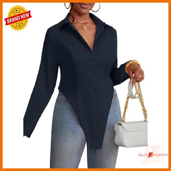 Long Sleeve V Neck Button Down Tunic Top with Slit Hem - Picture 6 of 8